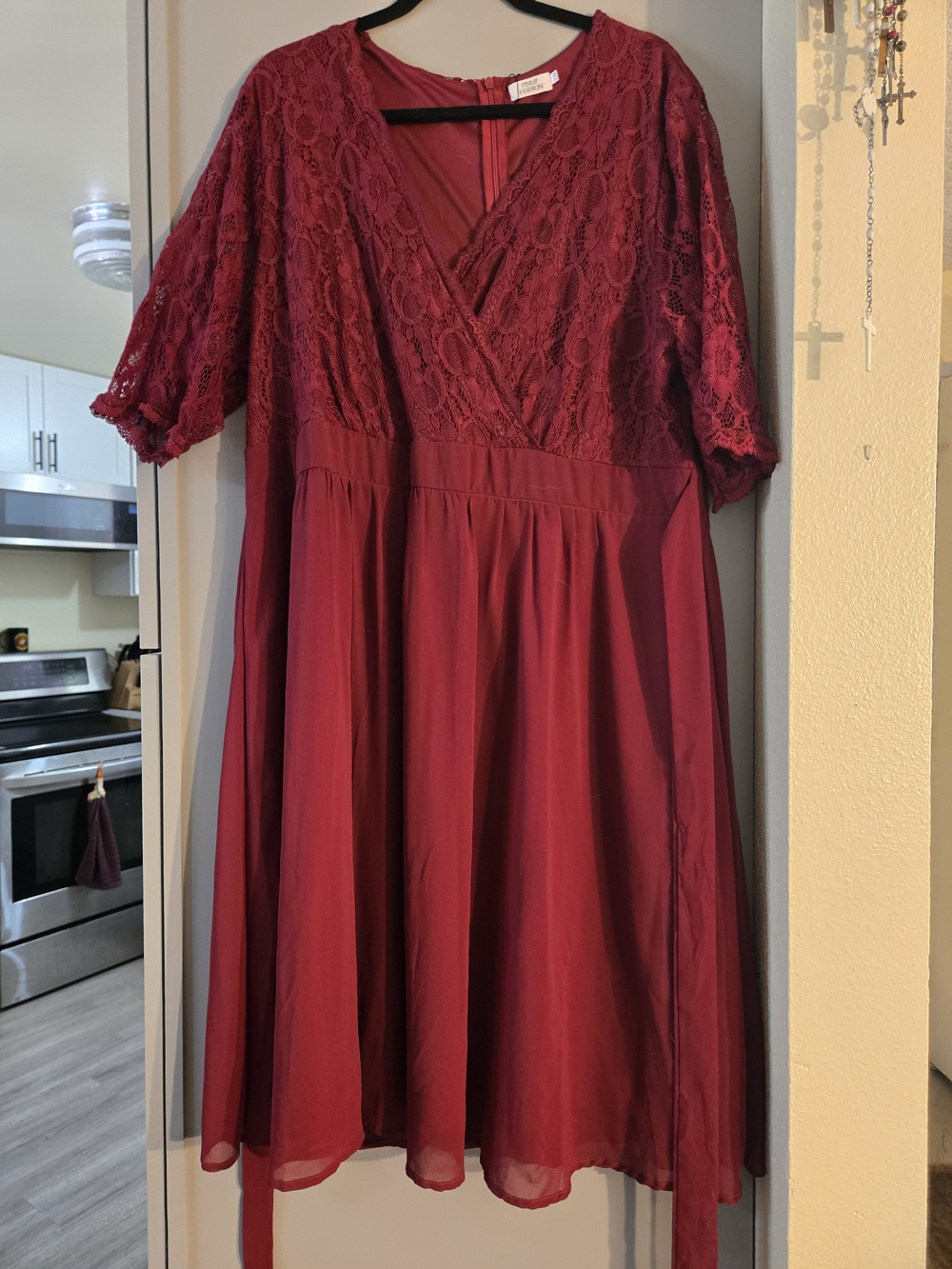 Elegant Burgundy Lace Midi Dress with Wrap Bodice